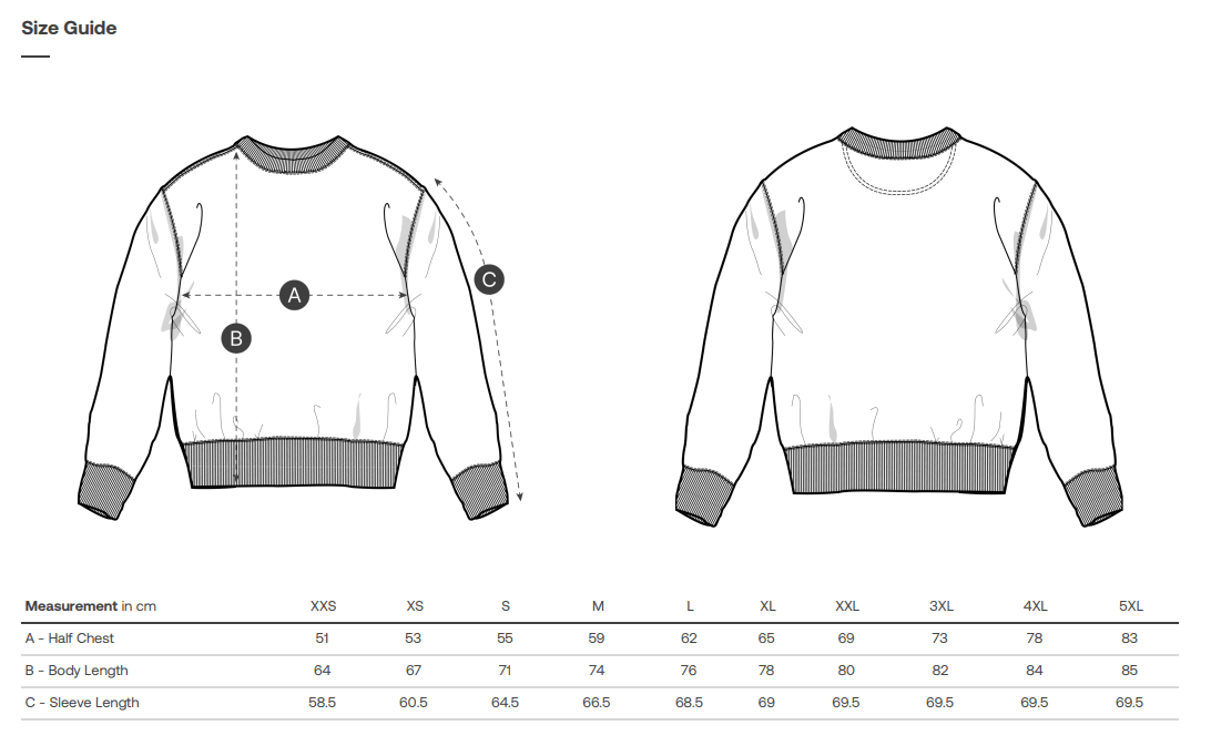 Size guide for Stanley/Stella unisex crewneck, organic cotton 350 g/m², measurements in cm