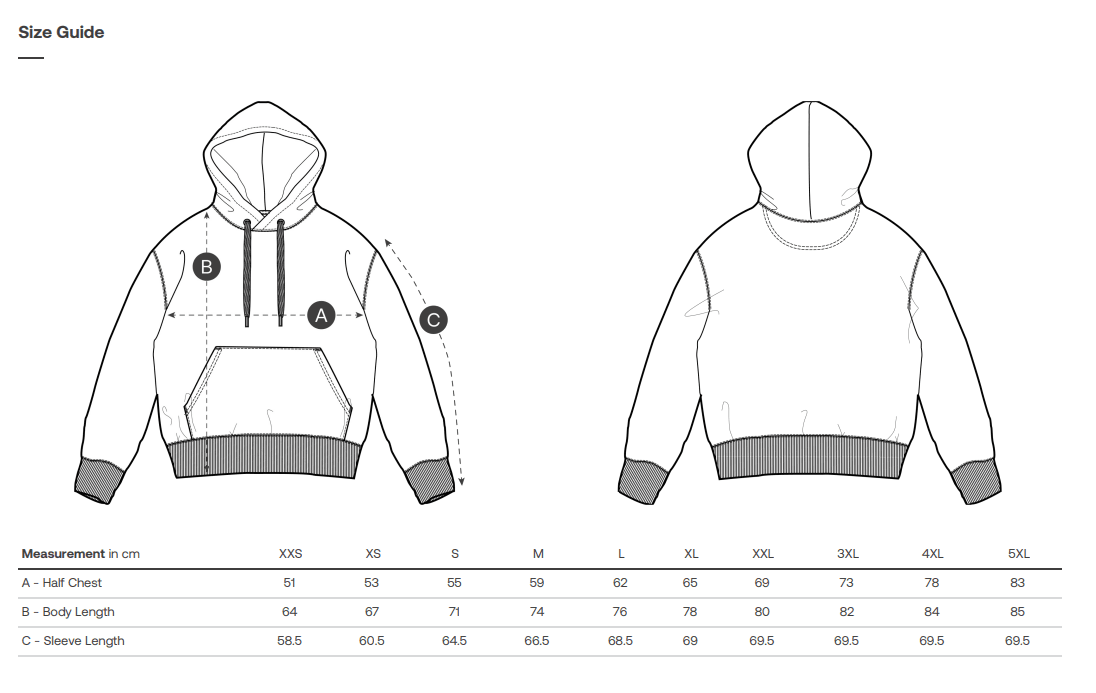 Size guide for Stanley/Stella unisex hoodie, organic cotton 350 g/m², measurements in cm