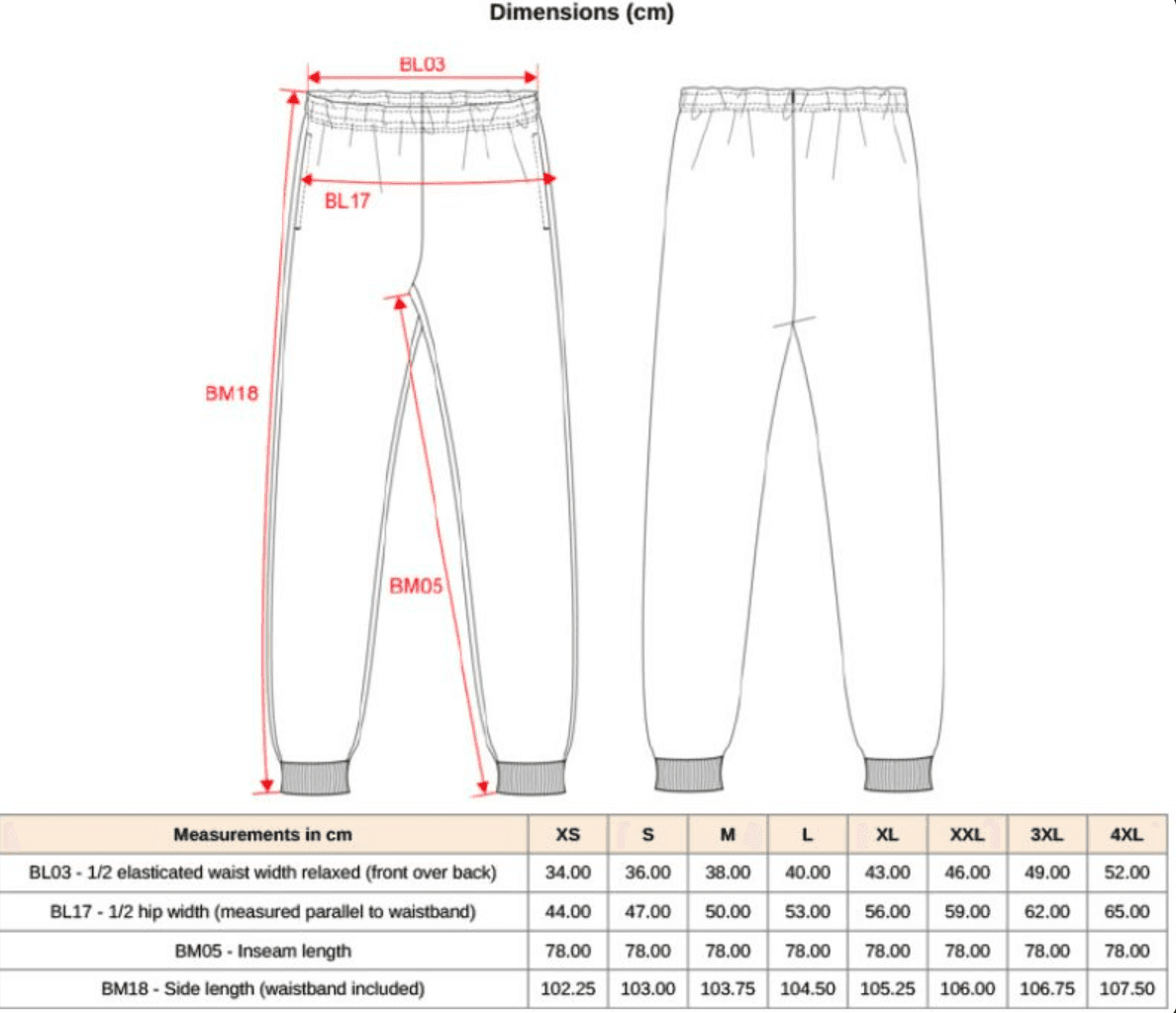 Size guide for Kariban black joggers, measurements in cm